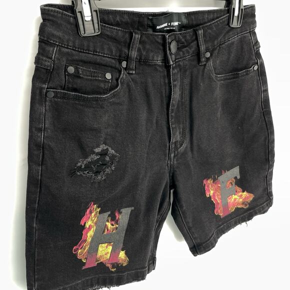 Homme + Femme NEW Distressed Flames Logo Jean Shorts Mens Sz 28 Black Stretch - Picture 2 of 11